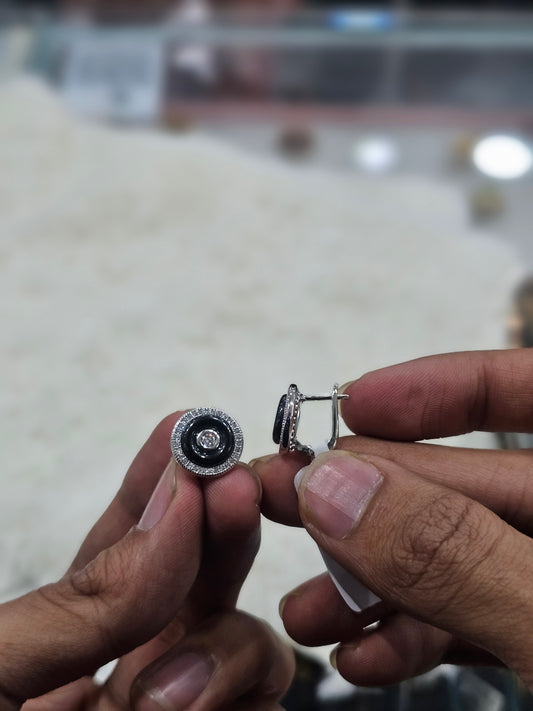 Elegant Black & Silver Circle Stud Earrings with Crystal Finish