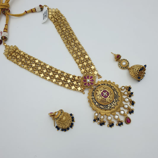 CHANDAN BELT NECKLACE WITH  ANTIQUE POLISH AND HAND PRINT MINA
