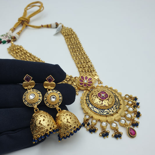 CHANDAN BELT NECKLACE WITH  ANTIQUE POLISH AND HAND PRINT MINA