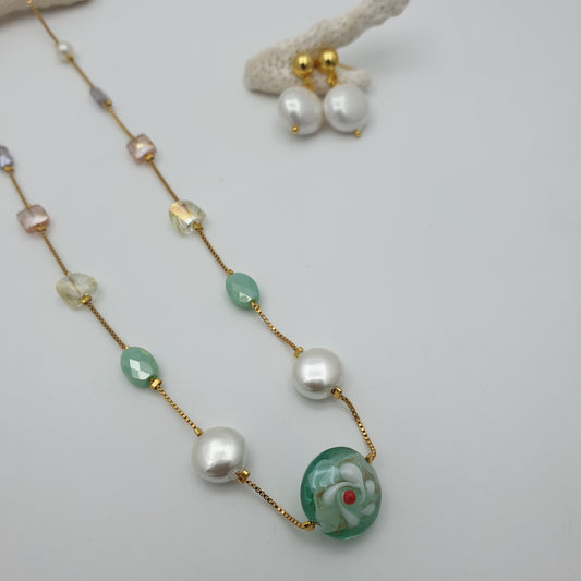 MULTI COLOUR GEMSTONE PEARL CHAIN WITH TRANS CRYSTAL
