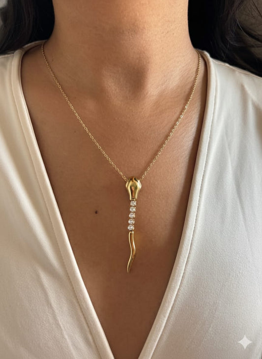 Gold Tone Snake Pendent Necklace With Crystal stone