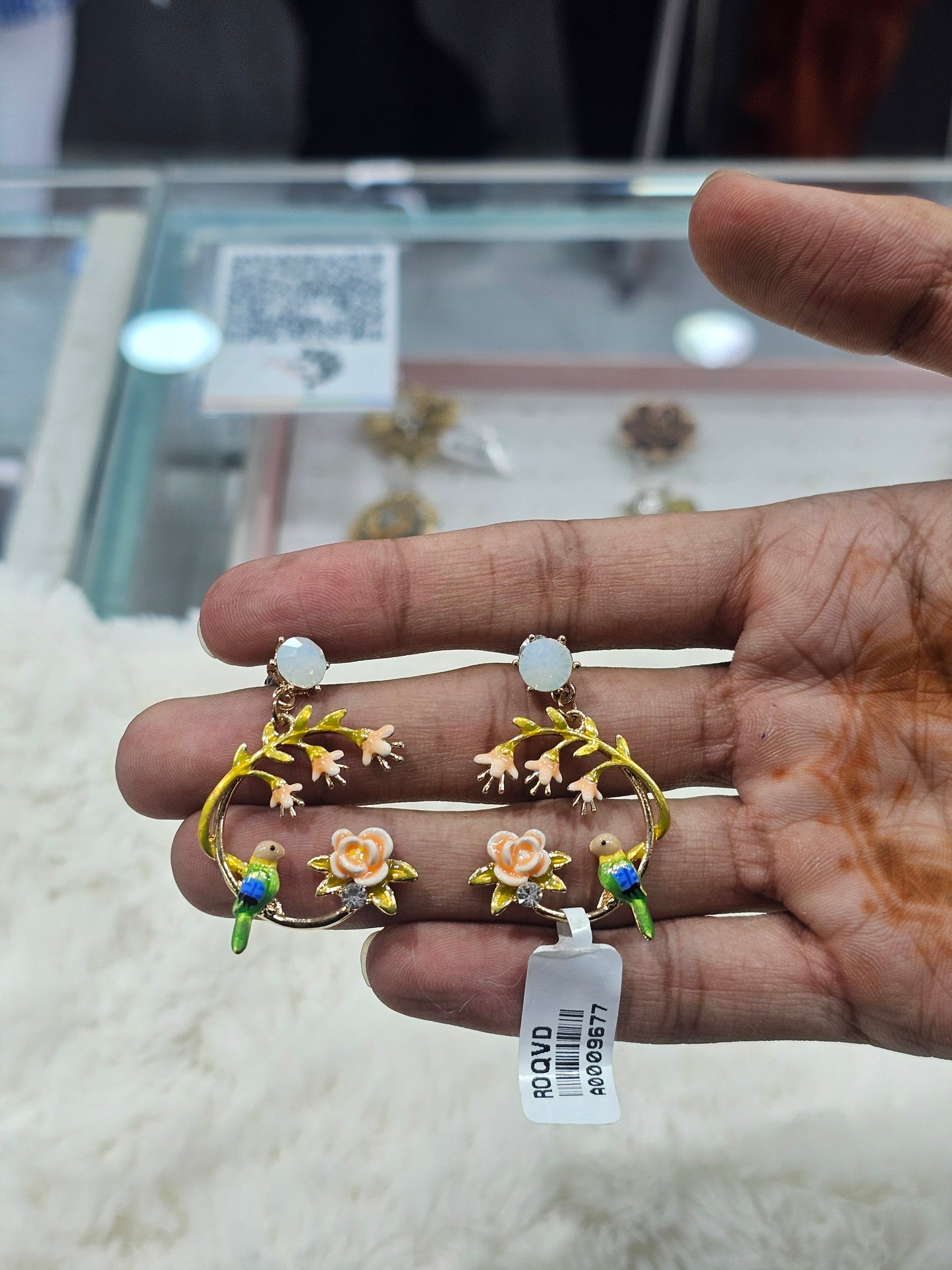 Floral Bird Hoop Earrings with Opal Stud