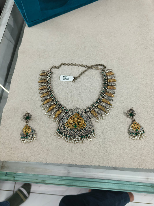 Navratri Peacock Oxidised Silver Statement Necklace Set for Women