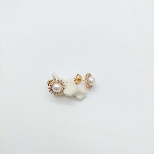 ROSE GOLD PLATED PEARL WITH CZ DIAMOND ROUND EARRINGS