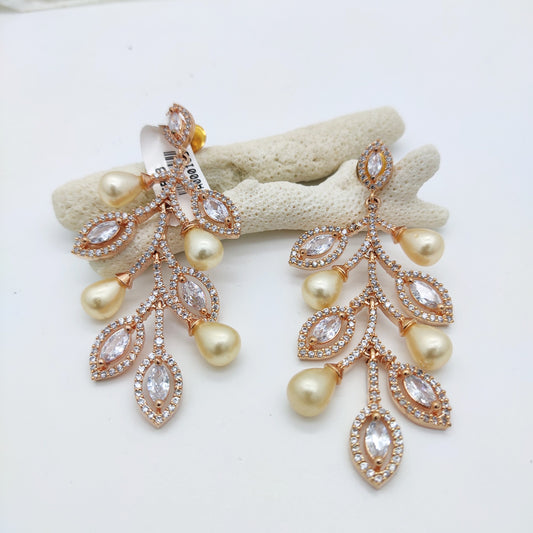 GOLD PLATED LONG EARRING IN UNIQUE LEAF LEAVES DESIGN WITH PEARL
