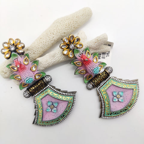 CHARCOAL PLATED 3D PEACOCK EARRING IN FLORAL HAND PAINT MINA WITH KUNDAN & AD SETTING