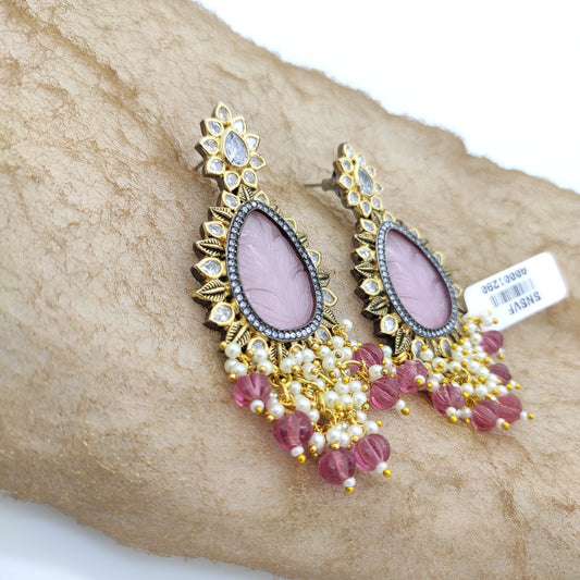 GOLD OXIDISED WITH CHARCOAL PLATED AD EARRINGS WITH BABY PINK CARVING STONE & HANGING DROPS