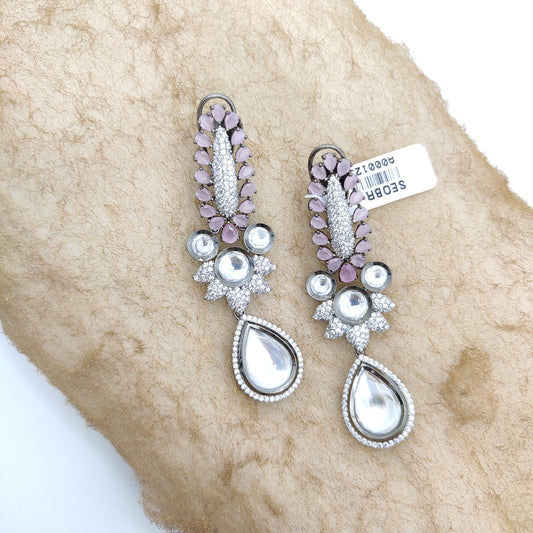 CZ DIAMOND AND BABY PINK STONE WITH SILVER FOIL KUNDAN HANGING  WITH CHARCOAL PLATED EARRINGS