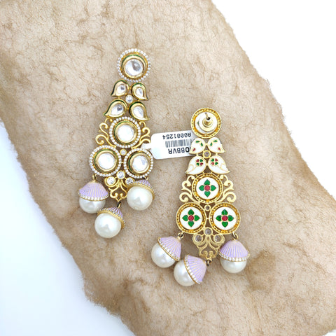 CLASSIC GOLD PLATED AD LONG EARRING WITH SILVER FOIL KUNDAN AND PEARL DROP
