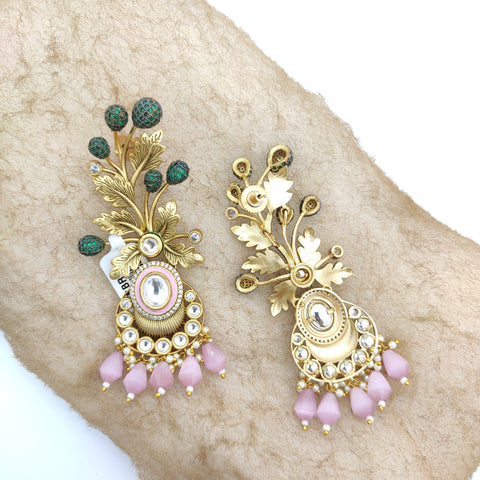 HIGH GOLD MATT ANTIQUE PLATED EARRINGS WITH KUNDAN, MONALISA DROUP WITH CARNIVAL BERRY
