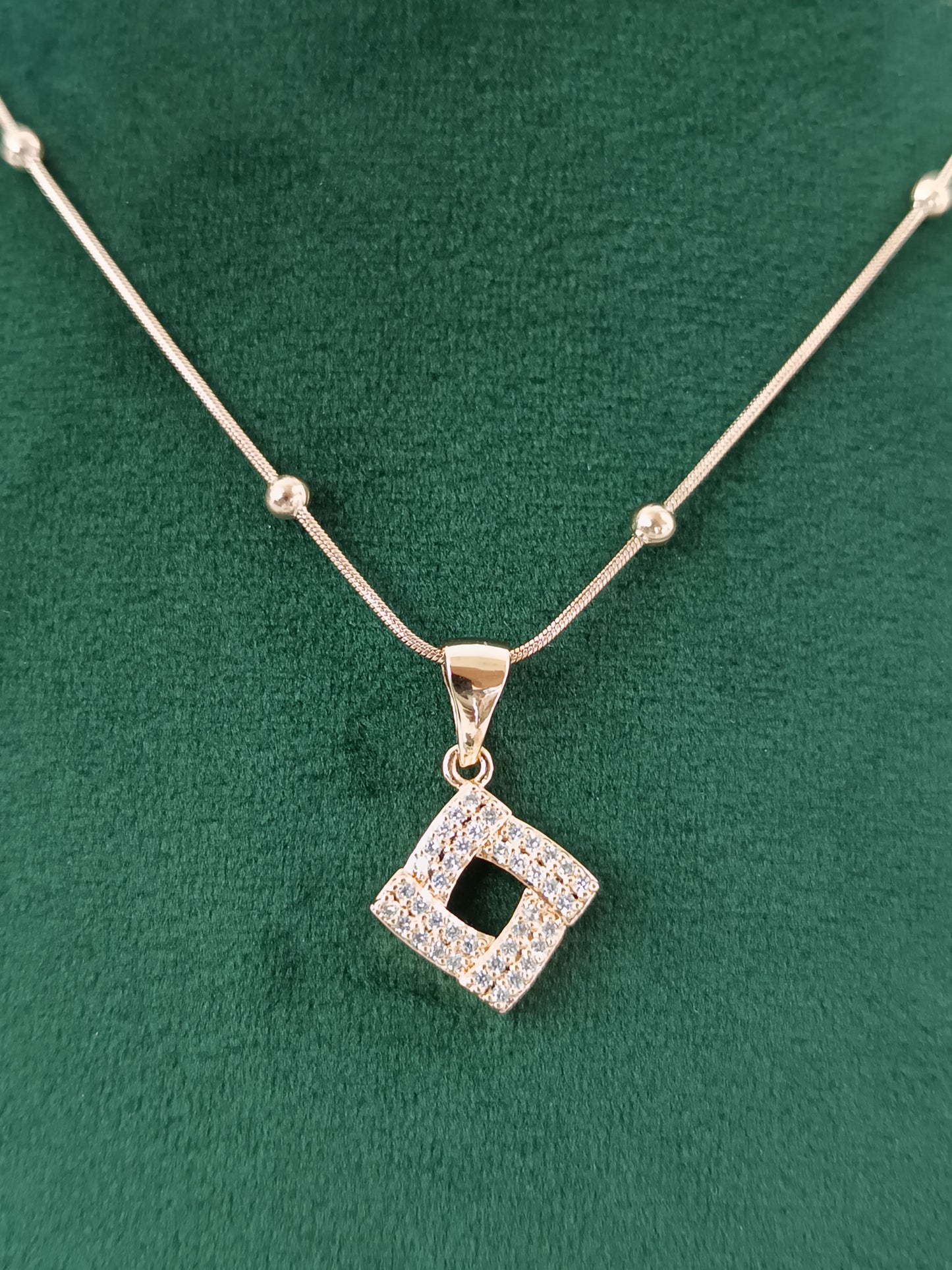Gleaming Square Rose Gold AD Necklace Set with Chain & Ear Tops