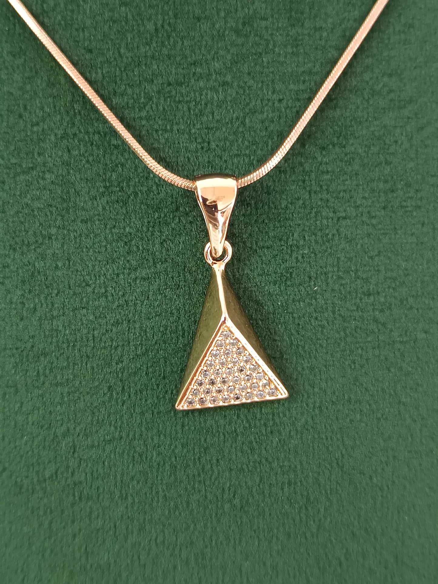 Elegant Triangle Pyramid Rose Gold AD Necklace Set with Chain & Ear Tops