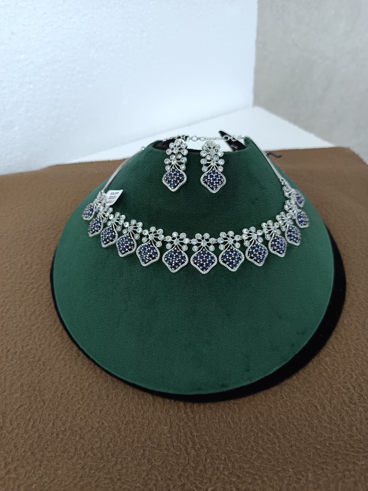 Midnight Elegance – Rhodium-Plated White & Blue American Diamond Necklace Set