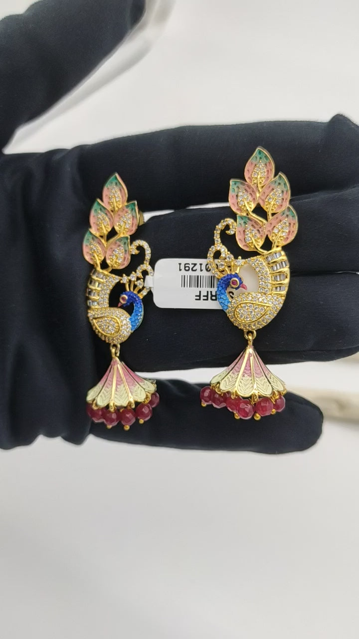 GOLD PLATED PEACOCK EARRING IN HAND PRINT MINA WITH HANGING RUBY BEADS
