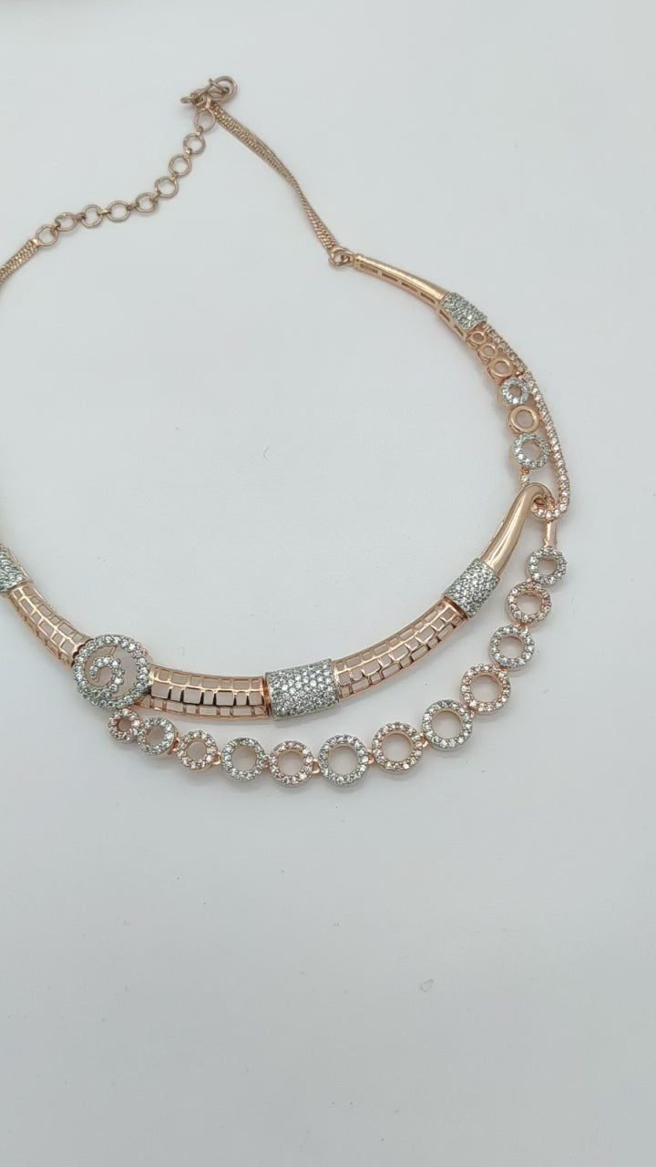 CLASSIC 2 STEPS NECKLACE  WITH CZ SETTING IN ROSE GOLD FINISH