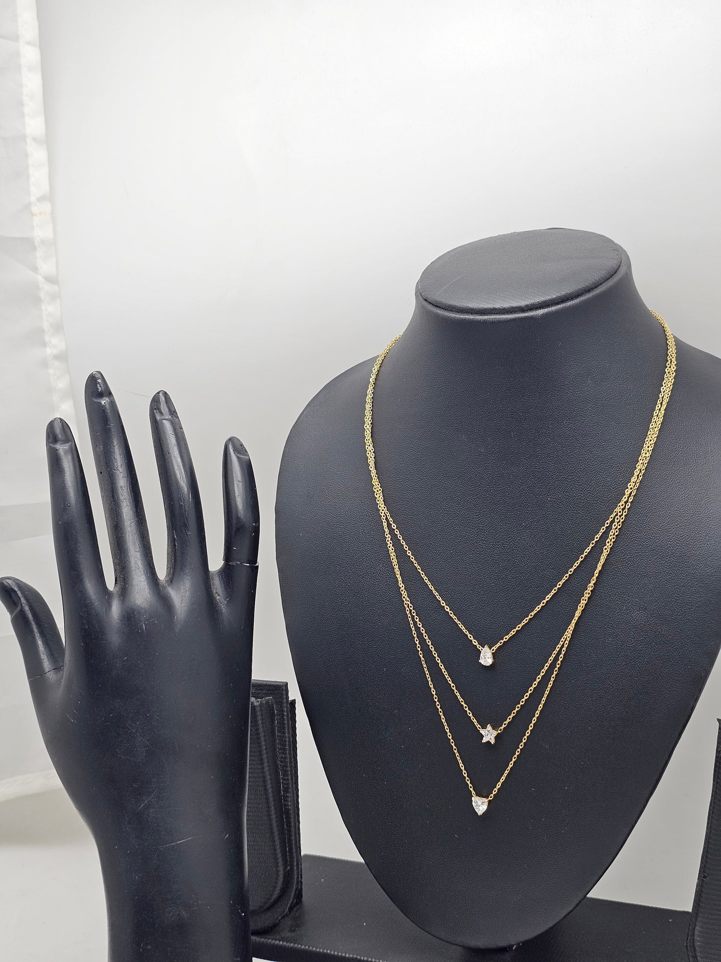 Gold Tone Triple Layer Necklace Featuring Teardrop,Star & Heart Shape Cubic zirconia pendent