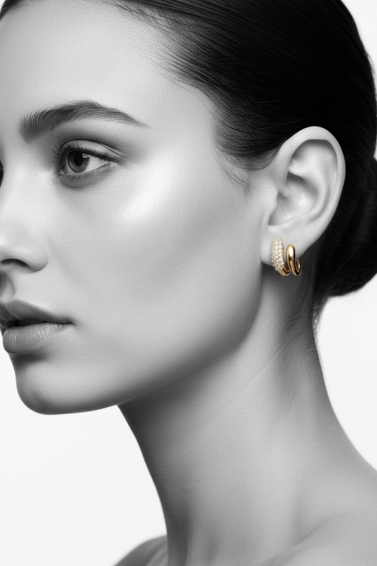 Gold Plated Dual Wave C-Cuff Stud Earrings - Sparkling Multi-Row Stone Embedded Wrap Earrings for Women