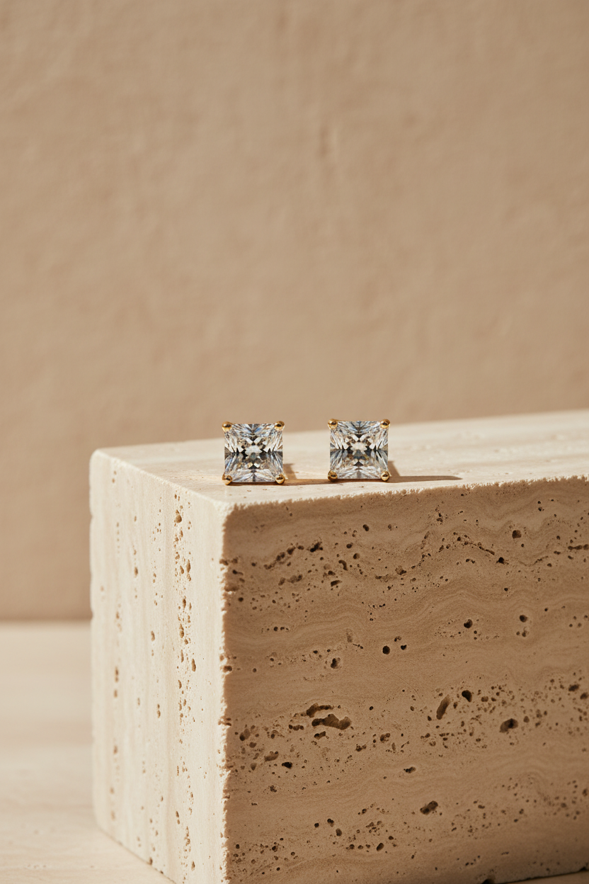 Classic Gold Plated Bold Princess Cut Stud Earrings - Prominent Square Solitaire Daily Wear Studs for Women