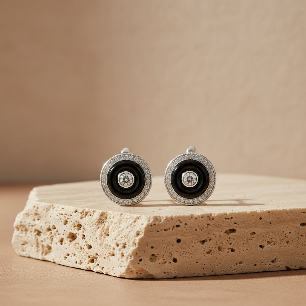 Elegant Black & Silver Circle Stud Earrings with Crystal Finish