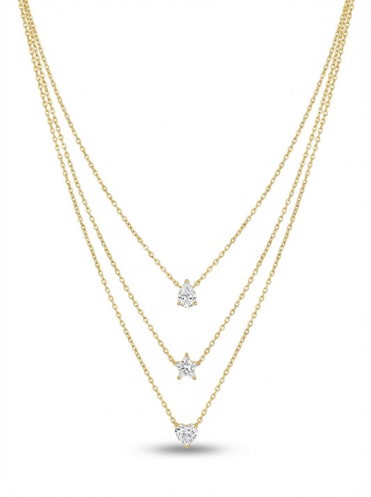Gold Tone Triple Layer Necklace Featuring Teardrop,Star & Heart Shape Cubic zirconia pendent