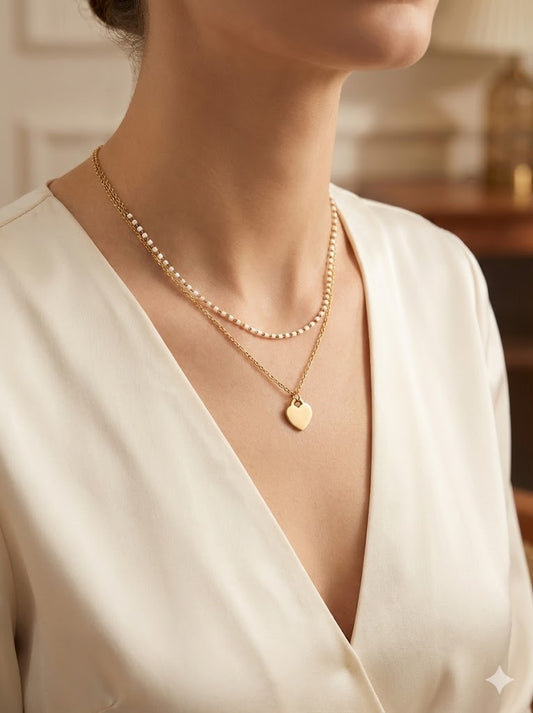 Gold Plated Double layered stainless steel Necklace With heart Pendant
