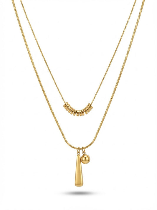 Gold Tone Layered Necklace With Ring Bead Strand