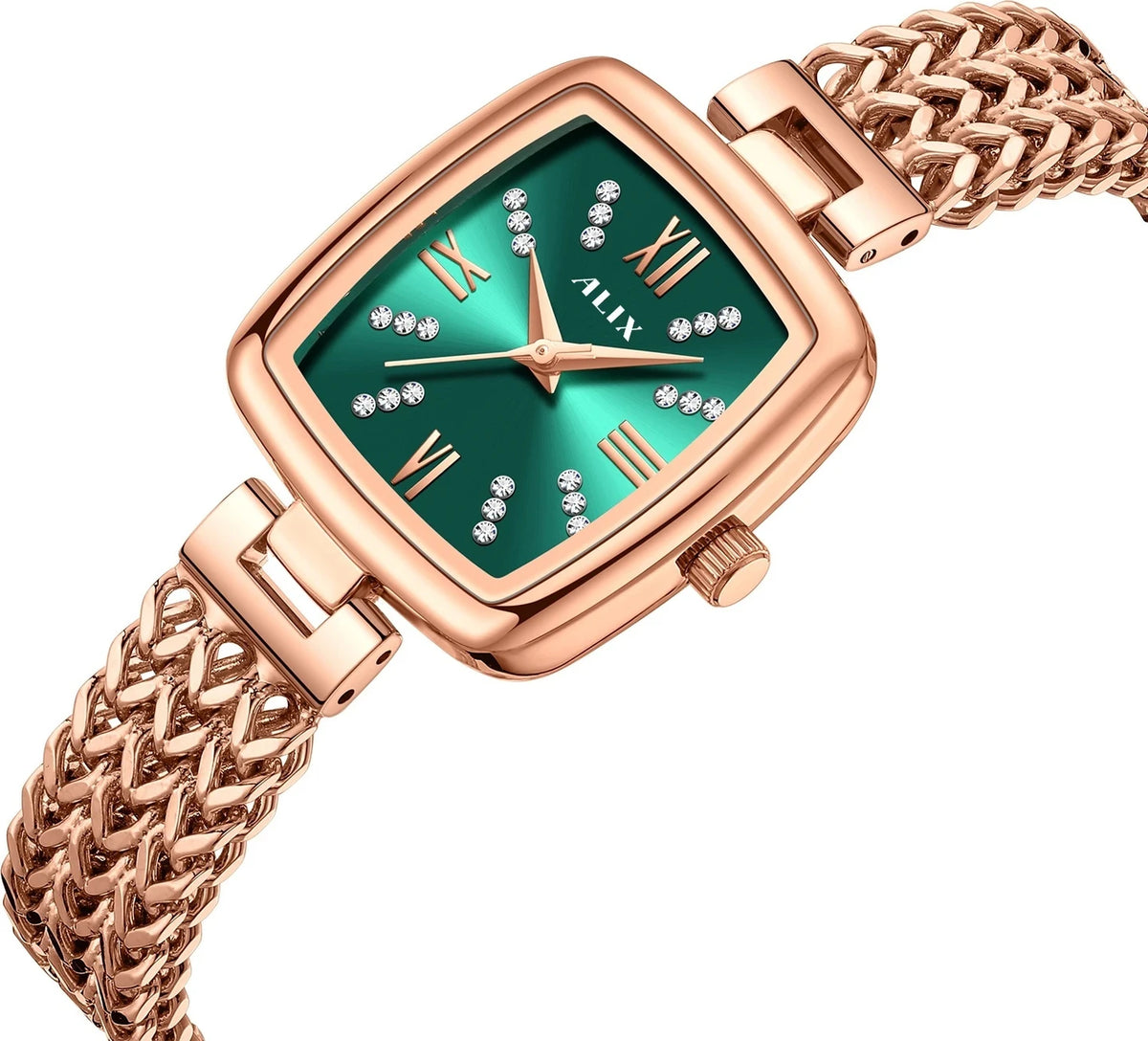 ALIX Women’s Green Square Dial Rose Gold Analog Watch – AL2540 RGGN