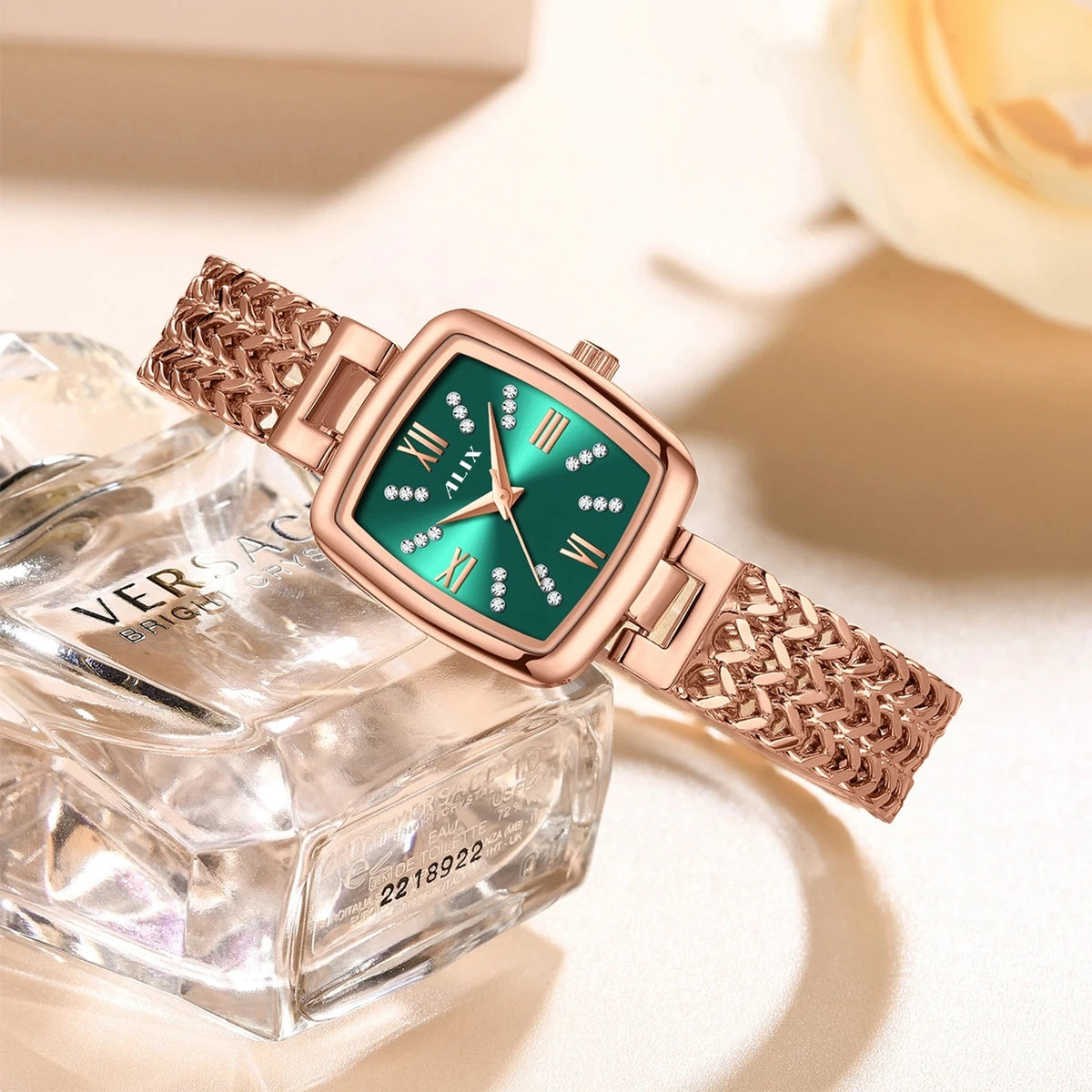ALIX Women’s Green Square Dial Rose Gold Analog Watch – AL2540 RGGN