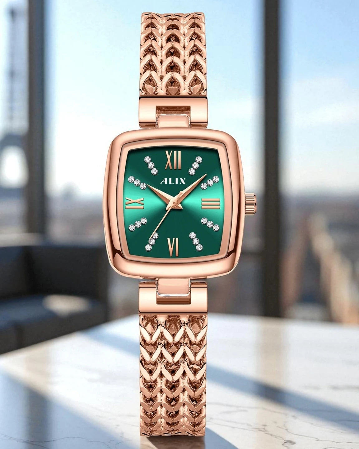 ALIX Women’s Green Square Dial Rose Gold Analog Watch – AL2540 RGGN
