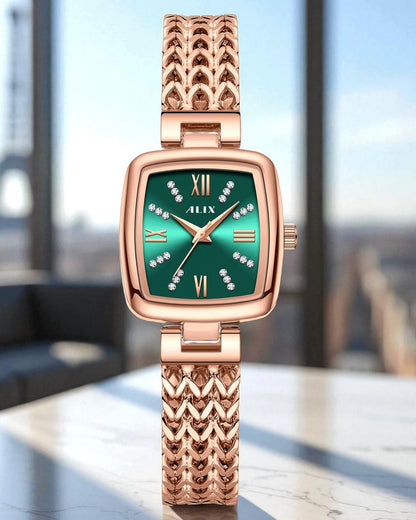 ALIX Women’s Green Square Dial Rose Gold Analog Watch – AL2540 RGGN