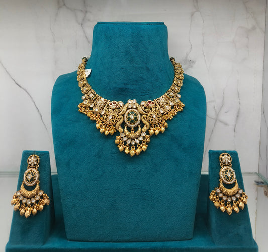 Antique Gold green stone peacock Neckless set