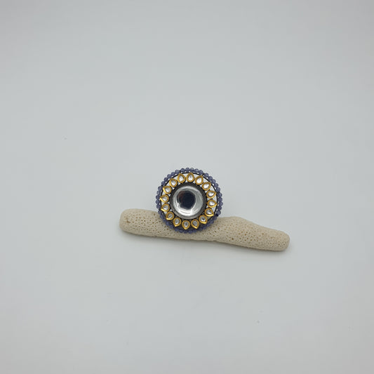 SILVER FOIL MOON KUNDAN ADJUSTABLE FINGER RING WITH CHARCOAL PLATING AND HYDRO CRYSTAL BEADS