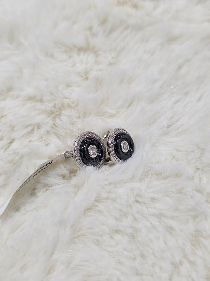 Elegant Black & Silver Circle Stud Earrings with Crystal Finish