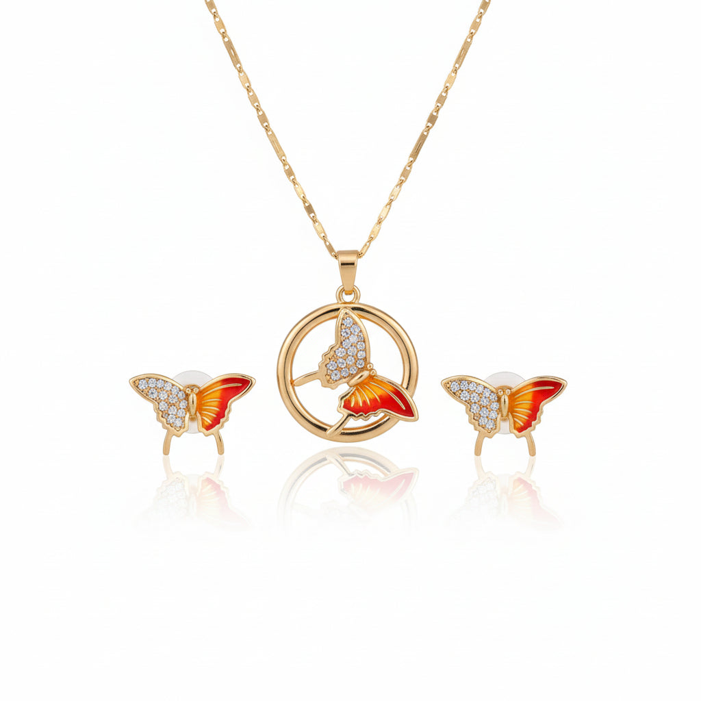 Butterfly-shaped earrings on a hand with a visible brand tag.