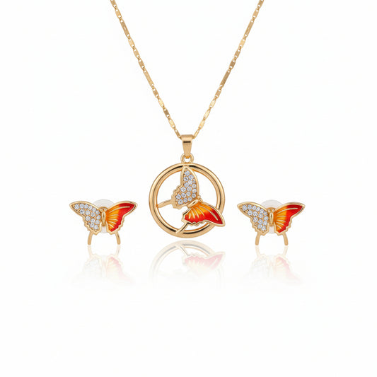 Butterfly-shaped earrings on a hand with a visible brand tag.