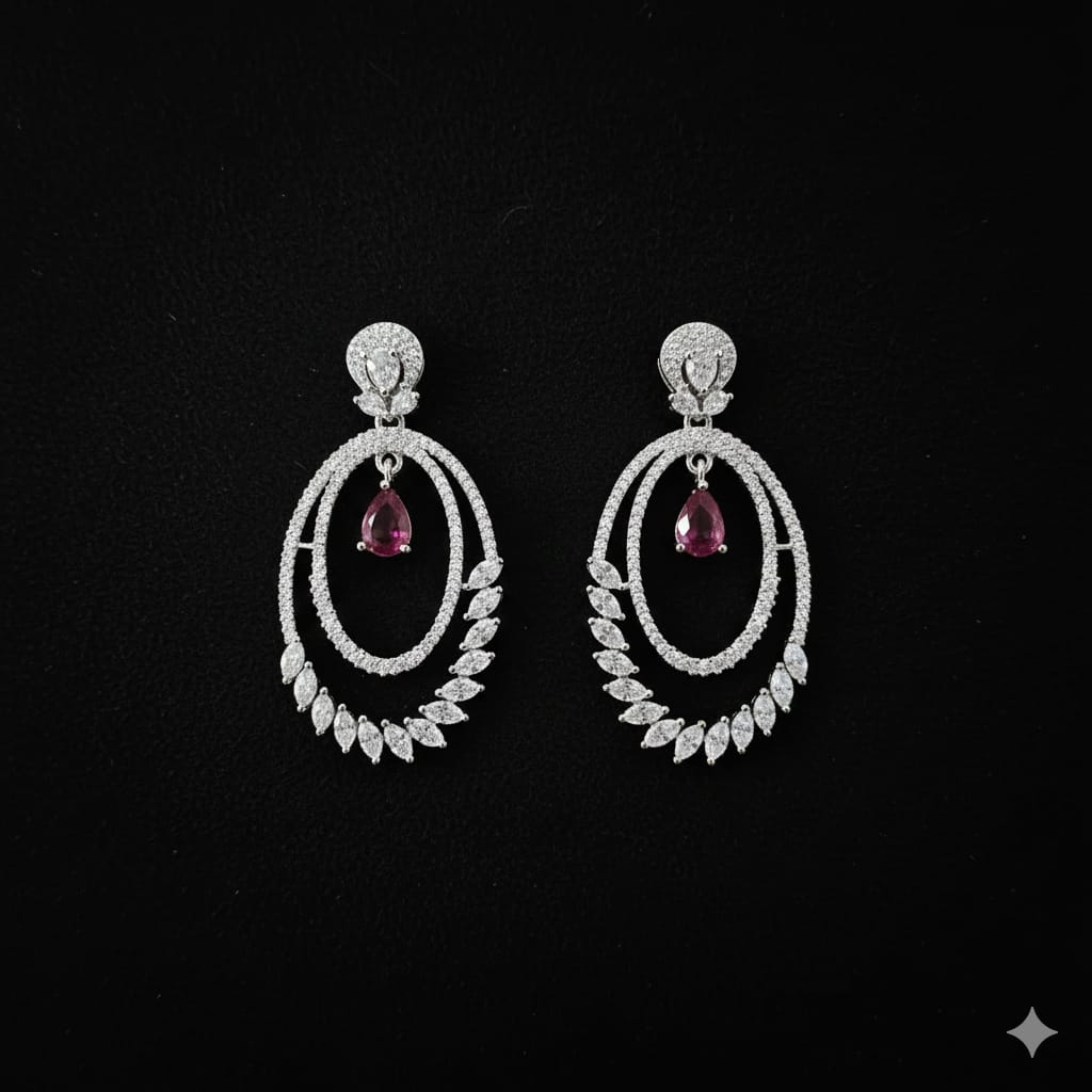 Elegant Oval Drop Earrings with Pink Teardrop Gem