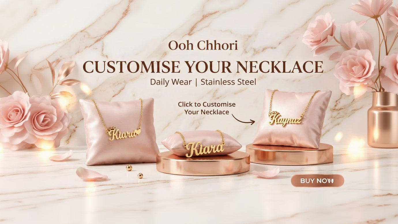 Necklace customization service with 'Ooh Chhori' branding on a decorative background.