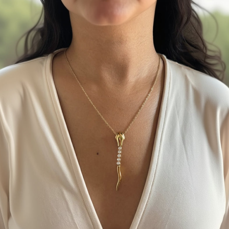 Gold Tone Snake Pendent Necklace With Crystal stone