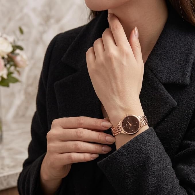 ALIX Women’s Brown Patterned Round Dial Rose Gold Watch – AL2542 RGRG