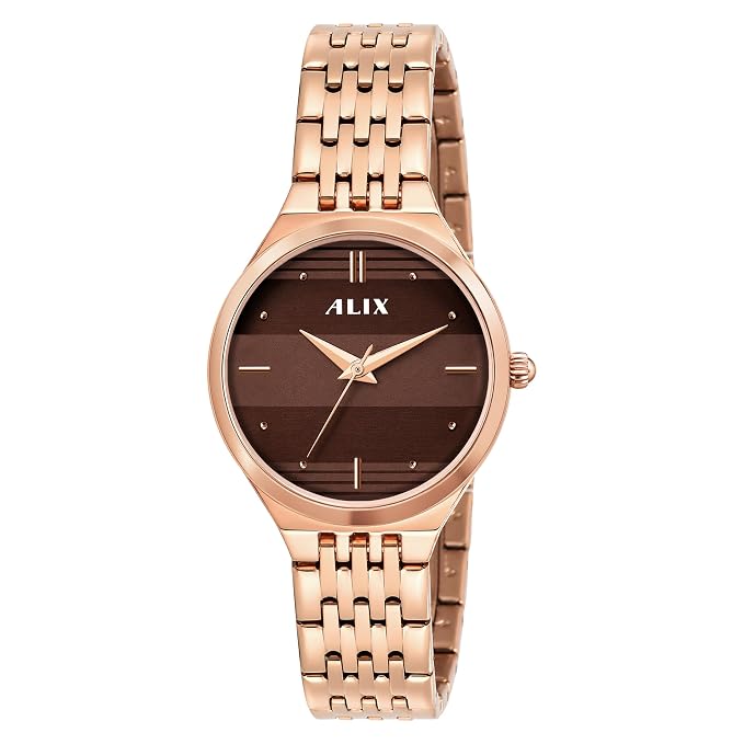 ALIX Women’s Brown Patterned Round Dial Rose Gold Watch – AL2542 RGRG