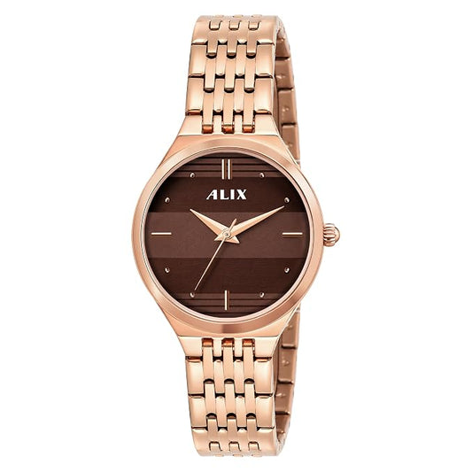ALIX Women’s Brown Patterned Round Dial Rose Gold Watch – AL2542 RGRG