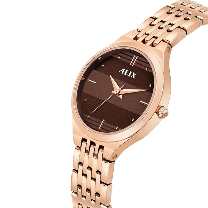 ALIX Women’s Brown Patterned Round Dial Rose Gold Watch – AL2542 RGRG