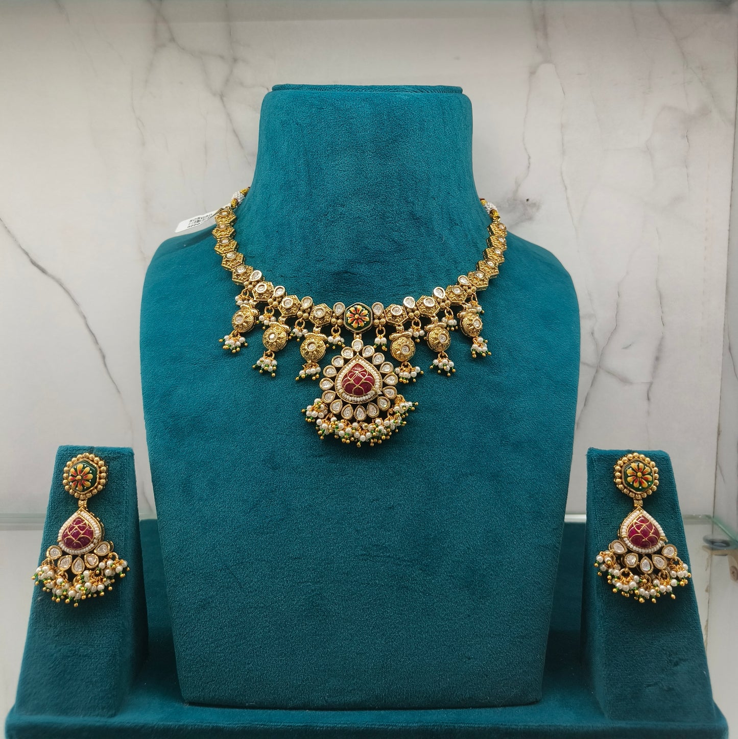 Traditional Gold Necklace Set with Ruby and Diamond Pendant