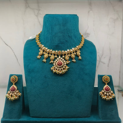 Traditional Gold Necklace Set with Ruby and Diamond Pendant