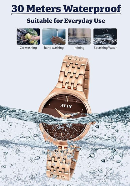 ALIX Women’s Brown Patterned Round Dial Rose Gold Watch – AL2542 RGRG