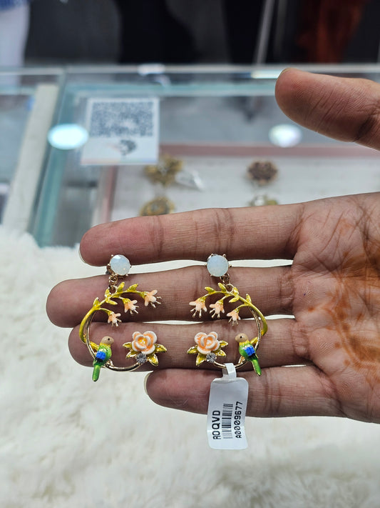 Floral Bird Hoop Earrings with Opal Stud