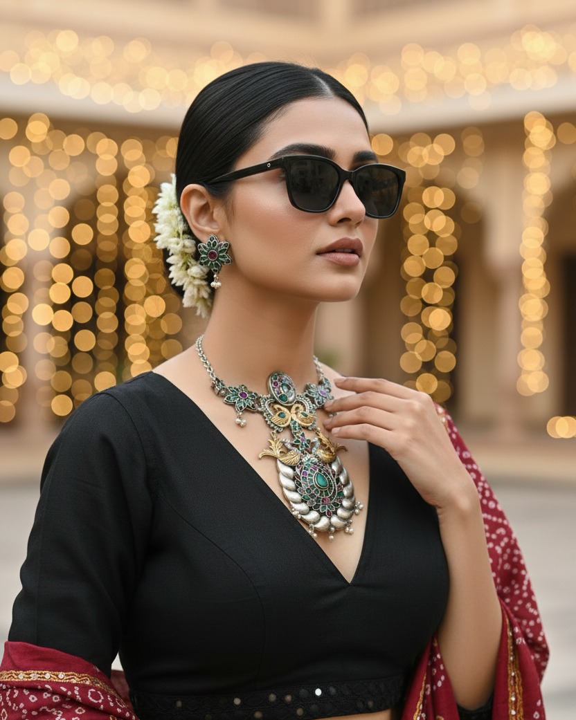 Navratri Navratna necklace set for Women | Traditional Oxidised Jewellery | OOH CHHORI