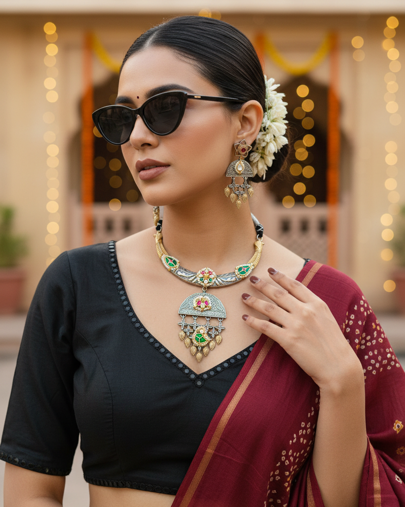 Traditional Oxidised Chandbali Pendant Necklace Set for Women