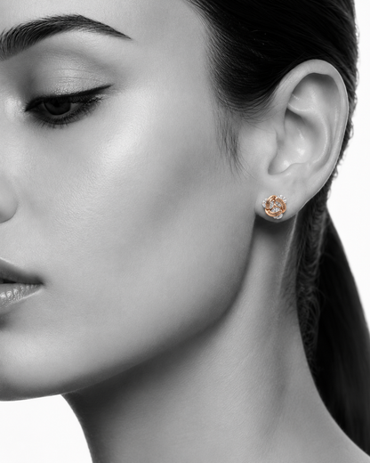 Rose Gold Interlocking Floral Stud Earrings - Everyday Wear Black Stone Studs for Women
