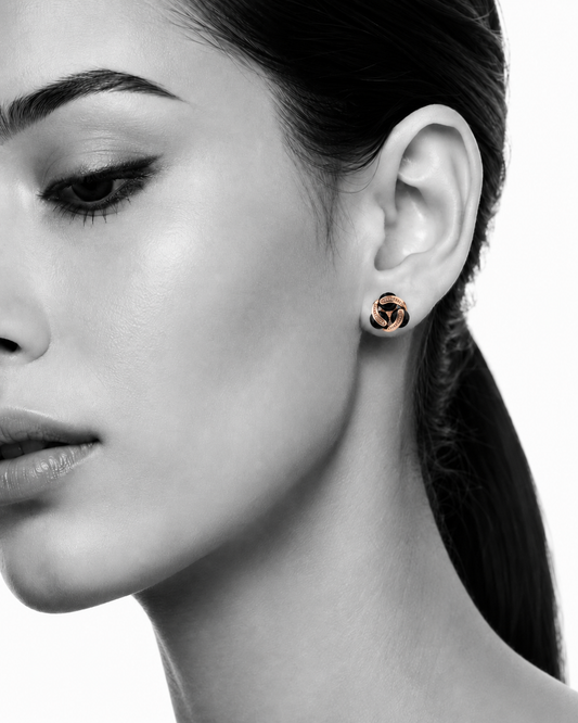 Rose Gold Interlocking Floral Stud Earrings - Everyday Wear Black Stone Studs for Women